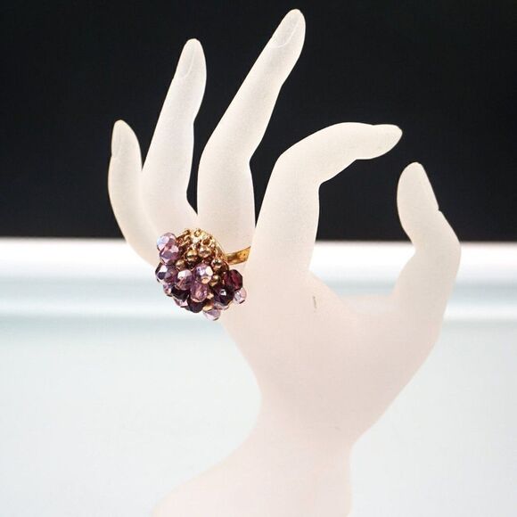 Cocktail Ring Purple And Gold Tone Beaded Ring Size 8 - Picture 1 of 12